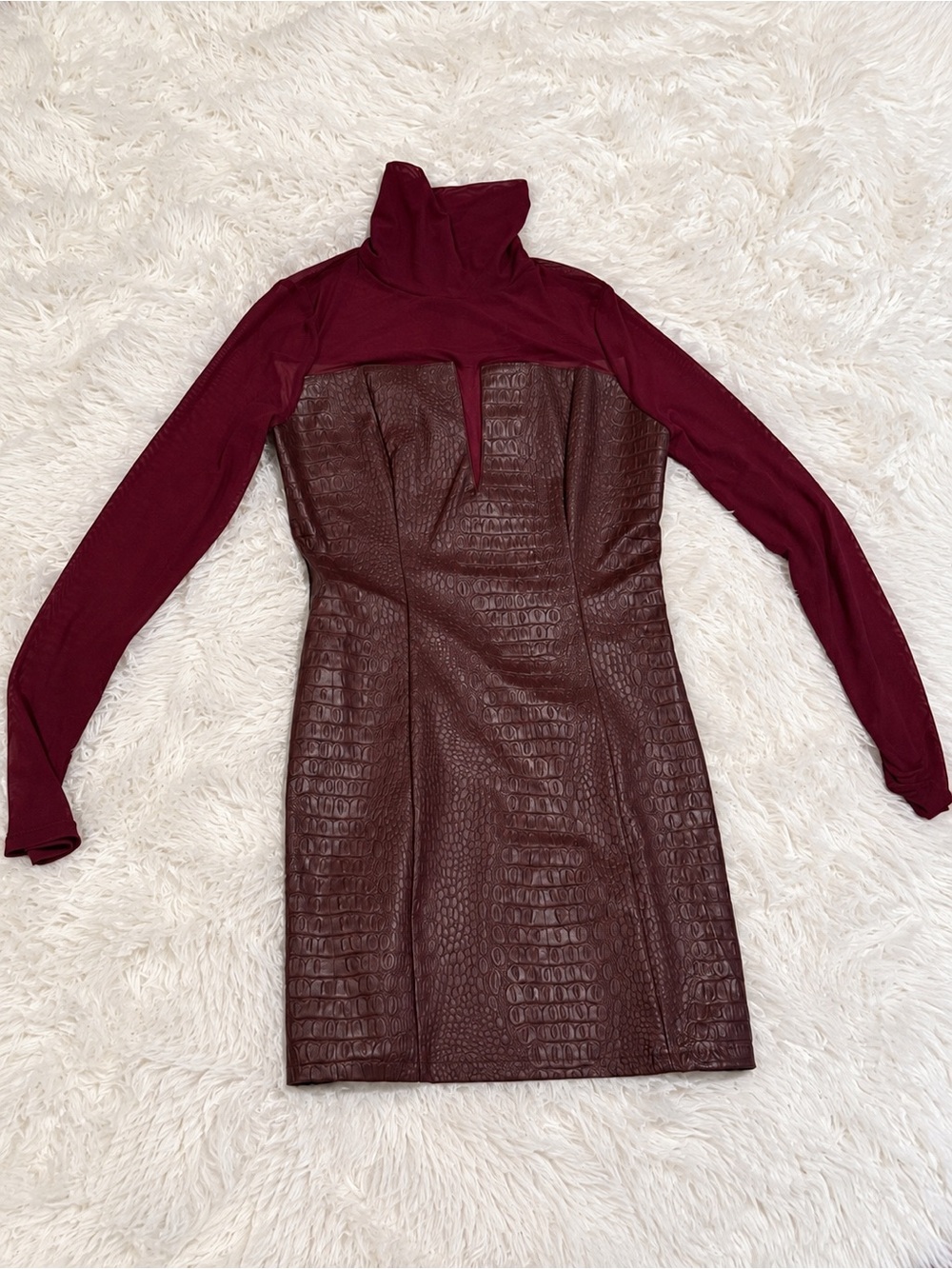 Turtleneck Long-Sleeve Faux Leather Mini Dress in Burgundy